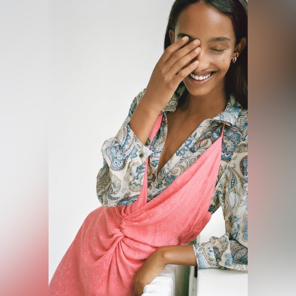 NWT ZARA Pink Roses Twist Front mini dress, XL - Picture 2 of 4